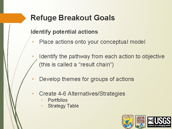Refuge Breakout Goals Identify potential actions • Place actions onto your conceptual model •