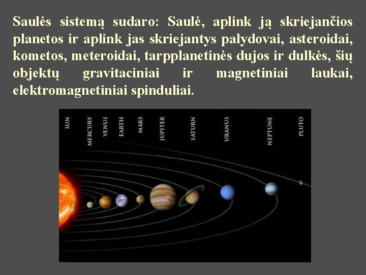 Saulės sistemą sudaro: Saulė, aplink ją skriejančios planetos ir aplink jas skriejantys palydovai, asteroidai,