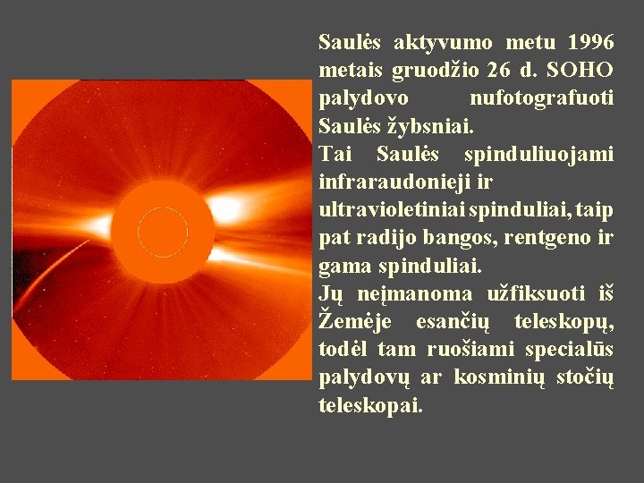 Saulės aktyvumo metu 1996 metais gruodžio 26 d. SOHO palydovo nufotografuoti Saulės žybsniai. Tai