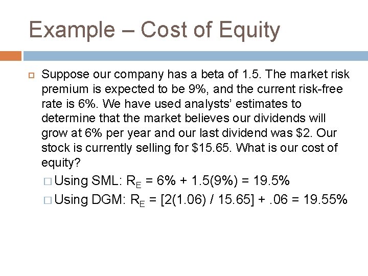 Example – Cost of Equity Suppose our company has a beta of 1. 5.