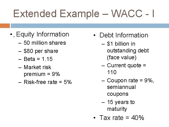 Extended Example – WACC - I • . Equity Information – – 50 million