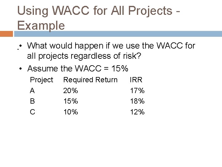 Using WACC for All Projects Example. • What would happen if we use the