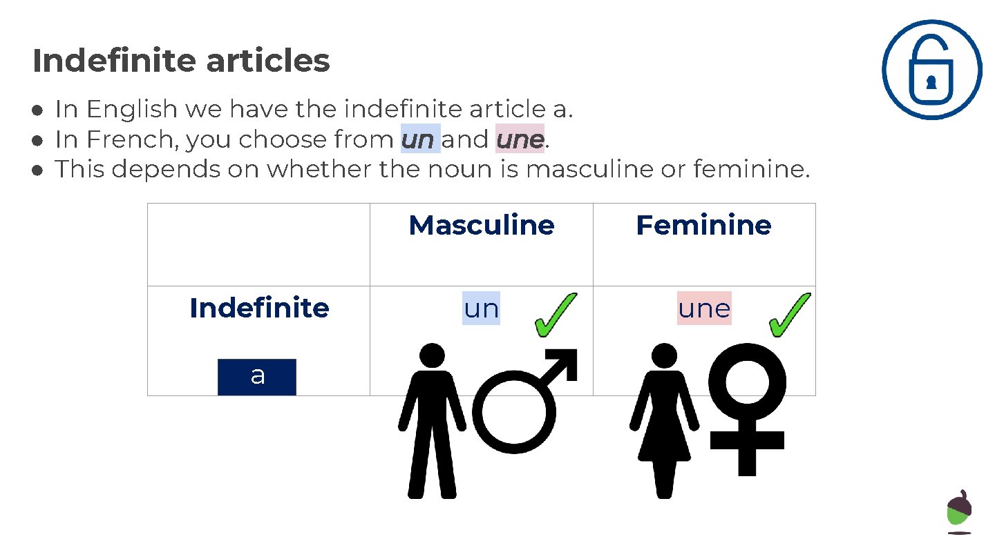 Indefinite articles ● In English we have the indefinite article a. ● In French,