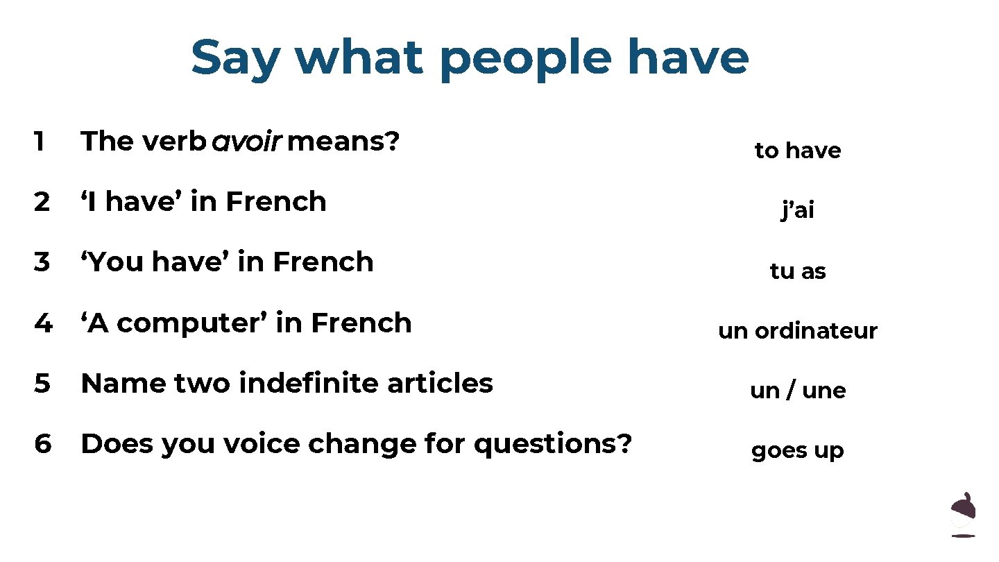 Say what people have 1 The verb avoir means? 2 ‘I have’ in French