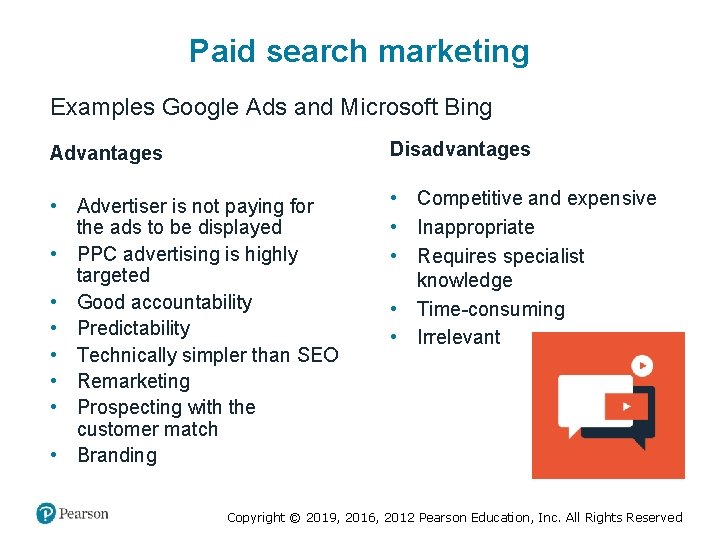 Paid search marketing Examples Google Ads and Microsoft Bing Advantages Disadvantages • Advertiser is