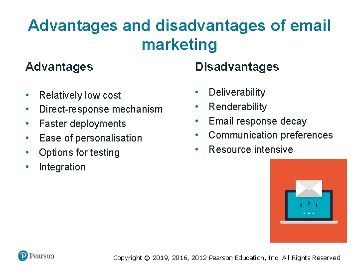 Advantages and disadvantages of email marketing Advantages Disadvantages • • • Relatively low cost