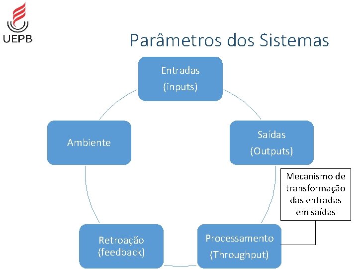 Parâmetros dos Sistemas Entradas (inputs) Ambiente Saídas (Outputs) Mecanismo de transformação das entradas em