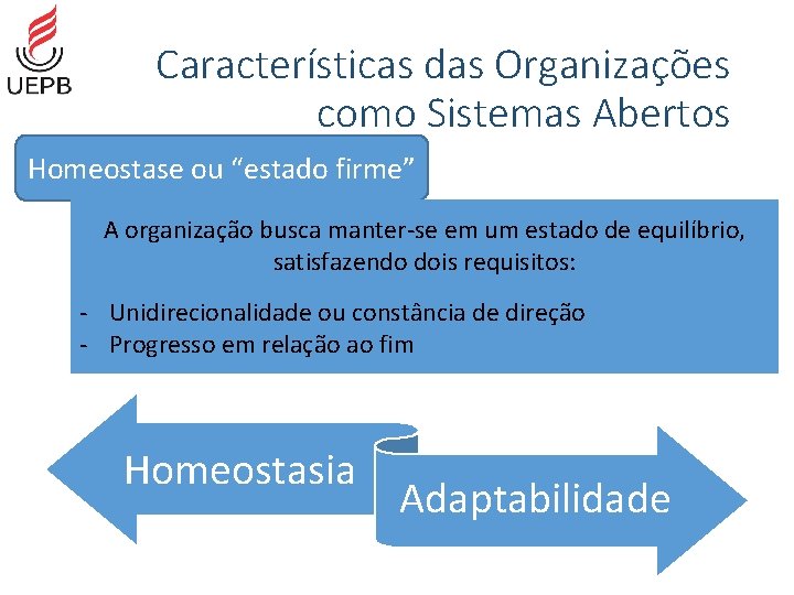 Características das Organizações como Sistemas Abertos Homeostase ou “estado firme” A organização busca manter-se