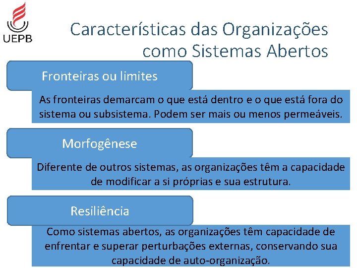 Características das Organizações como Sistemas Abertos Fronteiras ou limites As fronteiras demarcam o que