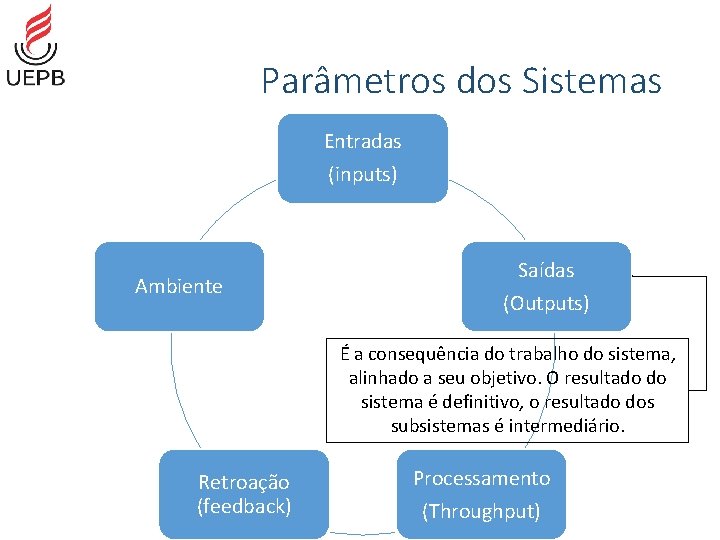 Parâmetros dos Sistemas Entradas (inputs) Ambiente Saídas (Outputs) É a consequência do trabalho do
