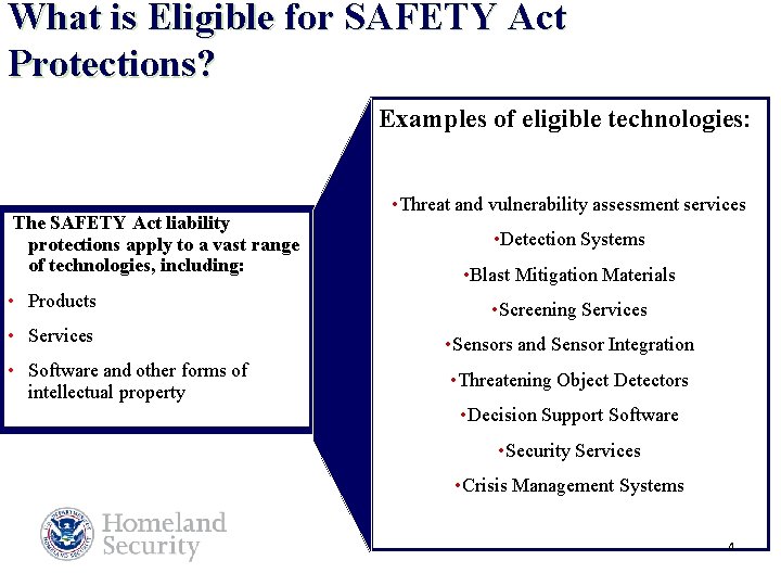What is Eligible for SAFETY Act Protections? Examples of eligible technologies: The SAFETY Act