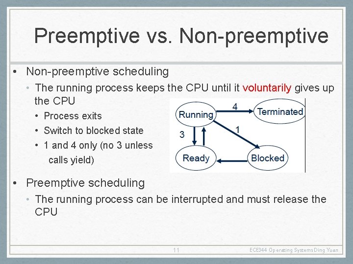 Preemptive vs. Non-preemptive • Non-preemptive scheduling • The running process keeps the CPU until