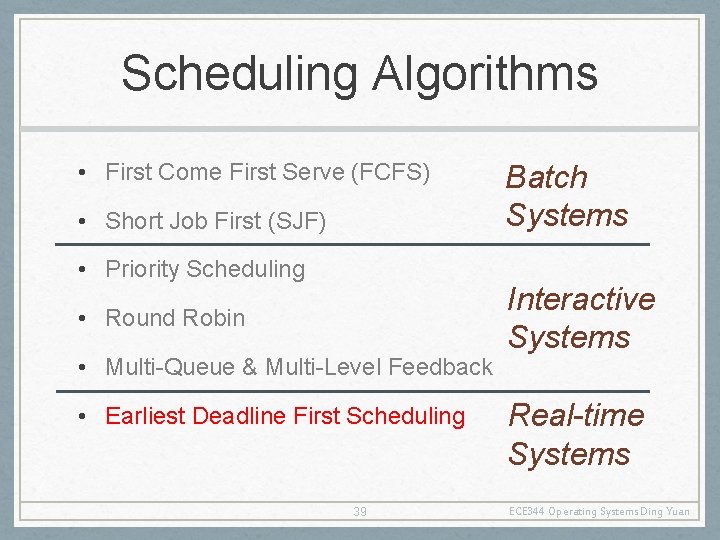 Scheduling Algorithms • First Come First Serve (FCFS) • Short Job First (SJF) •