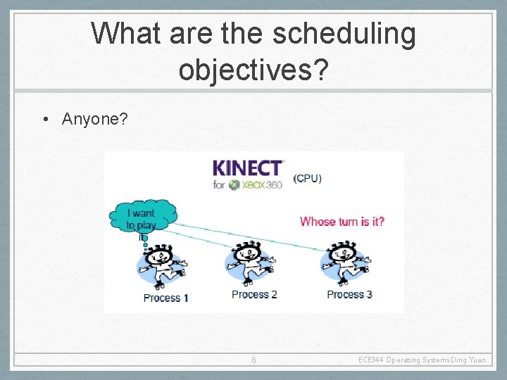 What are the scheduling objectives? • Anyone? 6 ECE 344 Operating Systems Ding Yuan