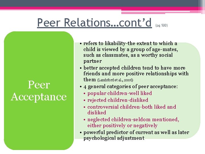 Peer Relations…cont’d Peer Acceptance (pg 500) • refers to likability-the extent to which a Peer Relations…cont’d Peer Acceptance (pg 500) • refers to likability-the extent to which a