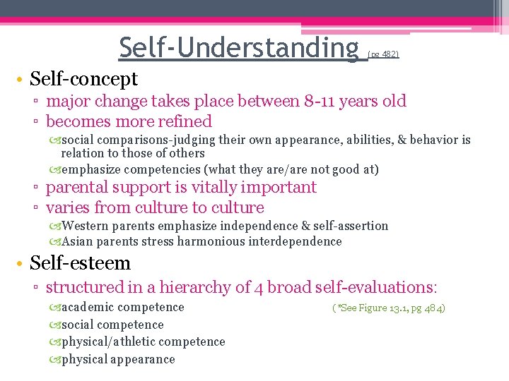Self-Understanding (pg 482) • Self-concept ▫ major change takes place between 8 -11 years Self-Understanding (pg 482) • Self-concept ▫ major change takes place between 8 -11 years