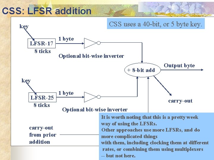 CSS: LFSR addition CSS uses a 40 -bit, or 5 byte key LFSR-17 8
