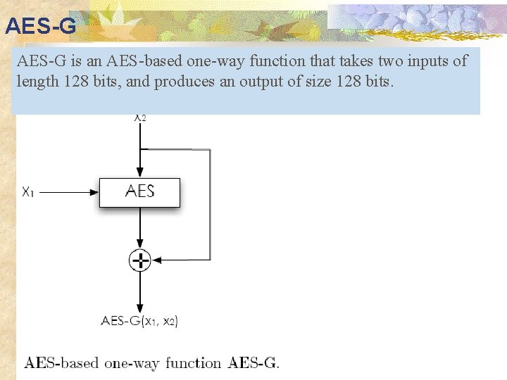 AES-G is an AES-based one-way function that takes two inputs of length 128 bits,