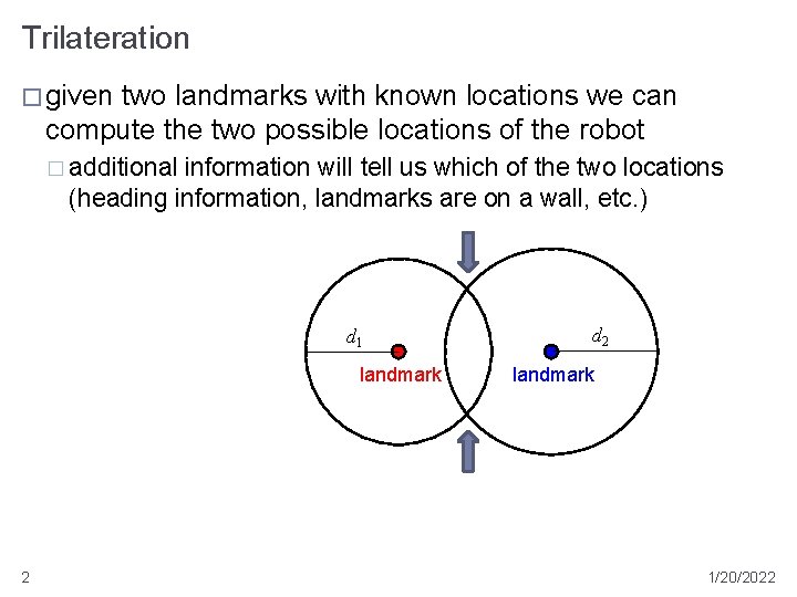 Trilateration � given two landmarks with known locations we can compute the two possible Trilateration � given two landmarks with known locations we can compute the two possible