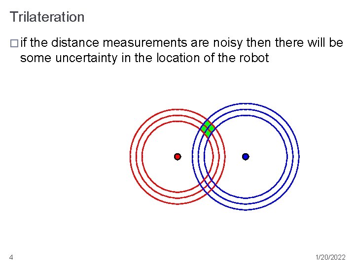 Trilateration � if the distance measurements are noisy then there will be some uncertainty Trilateration � if the distance measurements are noisy then there will be some uncertainty