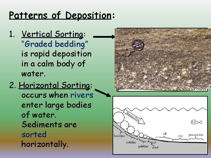 Patterns of Deposition: 1. Vertical Sorting: “Graded bedding” is rapid deposition in a calm