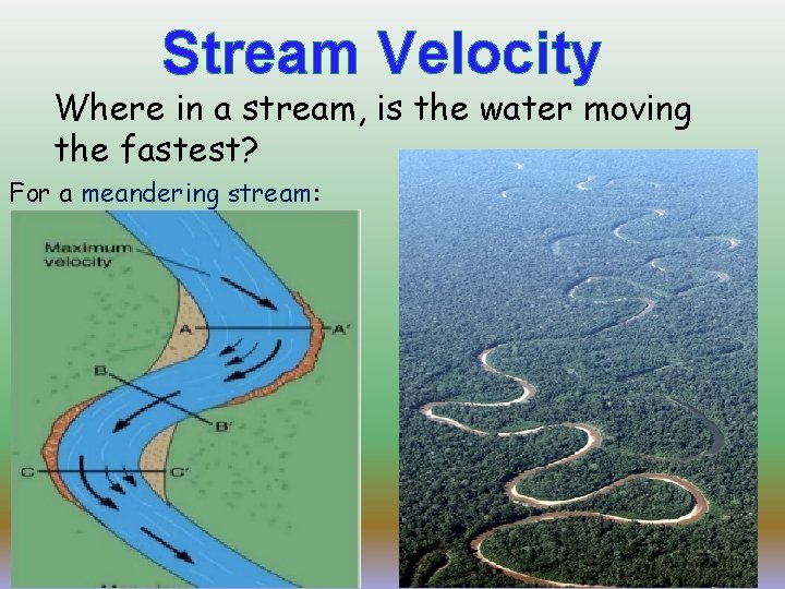 Stream Velocity Where in a stream, is the water moving the fastest? For a