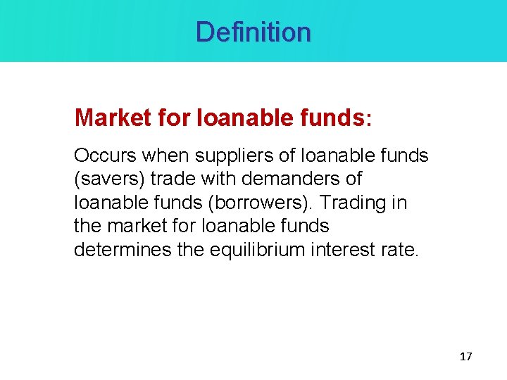 Definition Market for loanable funds: Occurs when suppliers of loanable funds (savers) trade with