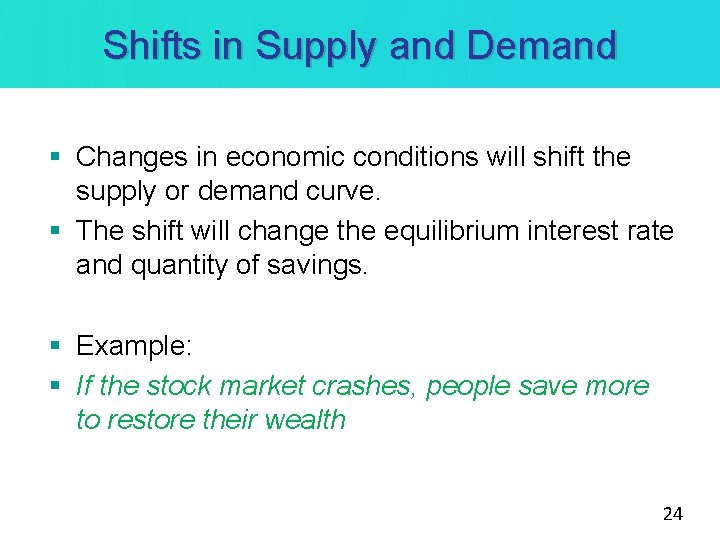 Shifts in Supply and Demand § Changes in economic conditions will shift the supply