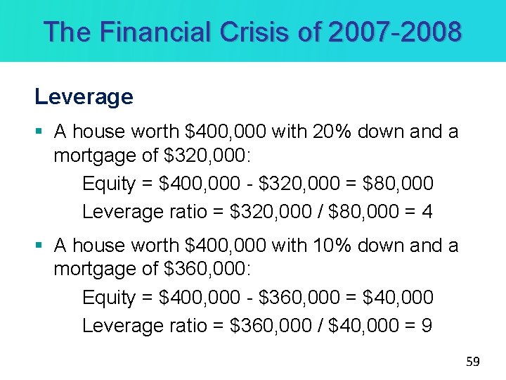 The Financial Crisis of 2007 -2008 Leverage § A house worth $400, 000 with The Financial Crisis of 2007 -2008 Leverage § A house worth $400, 000 with