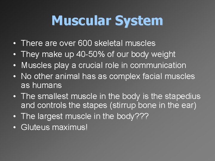 Muscular System • • There are over 600 skeletal muscles They make up 40