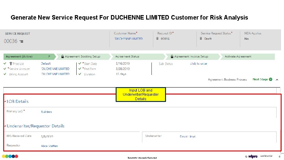 Generate New Service Request For DUCHENNE LIMITED Customer for Risk Analysis Input LOB and