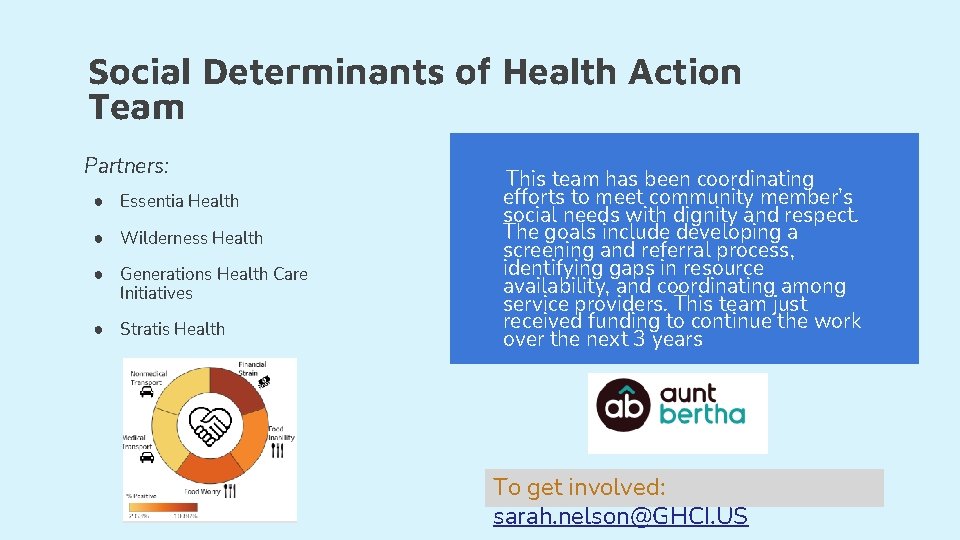 Social Determinants of Health Action Team Partners: ● Essentia Health ● Wilderness Health ●