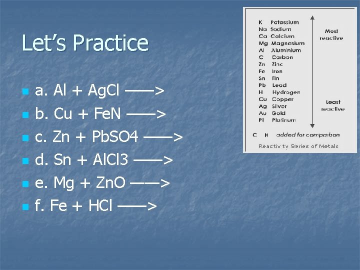 Let’s Practice n n n a. Al + Ag. Cl ——> b. Cu + Let’s Practice n n n a. Al + Ag. Cl ——> b. Cu +