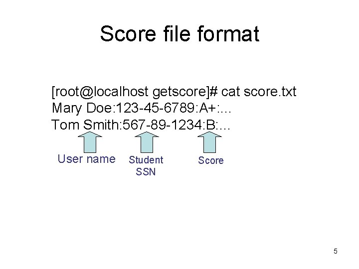 Score file format [root@localhost getscore]# cat score. txt Mary Doe: 123 -45 -6789: A+: