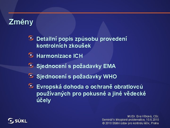 Změny Detailní popis způsobu provedení kontrolních zkoušek Harmonizace ICH Sjednocení s požadavky EMA Sjednocení