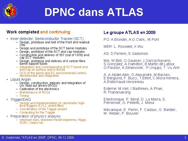 DPNC dans ATLAS Work completed and continuing Le groupe ATLAS en 2008 • Inner