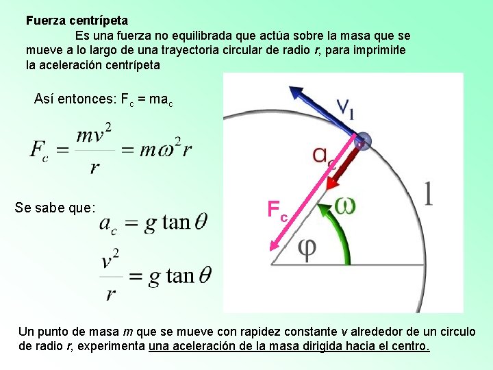 Fuerza centrípeta Es una fuerza no equilibrada que actúa sobre la masa que se