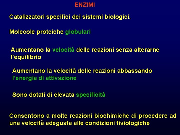 ENZIMI Catalizzatori specifici dei sistemi biologici. Molecole proteiche globulari Aumentano la velocità delle reazioni