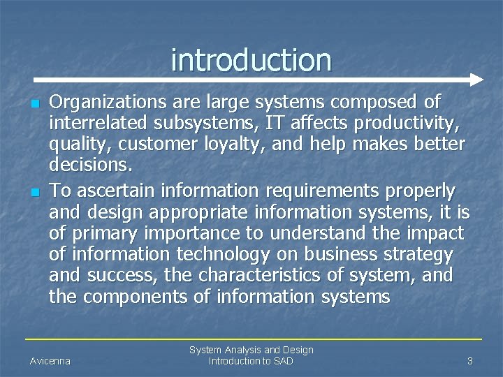 introduction n n Organizations are large systems composed of interrelated subsystems, IT affects productivity,