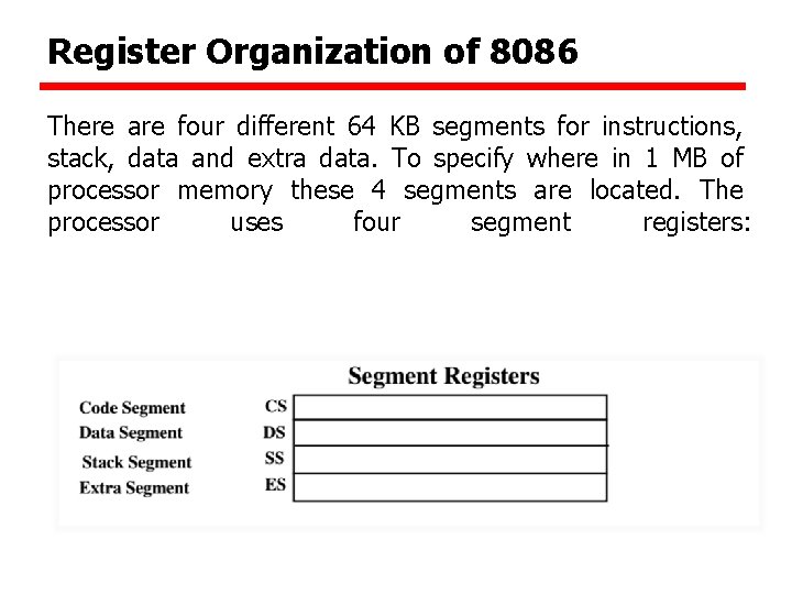 Register Organization of 8086 There are four different 64 KB segments for instructions, stack,