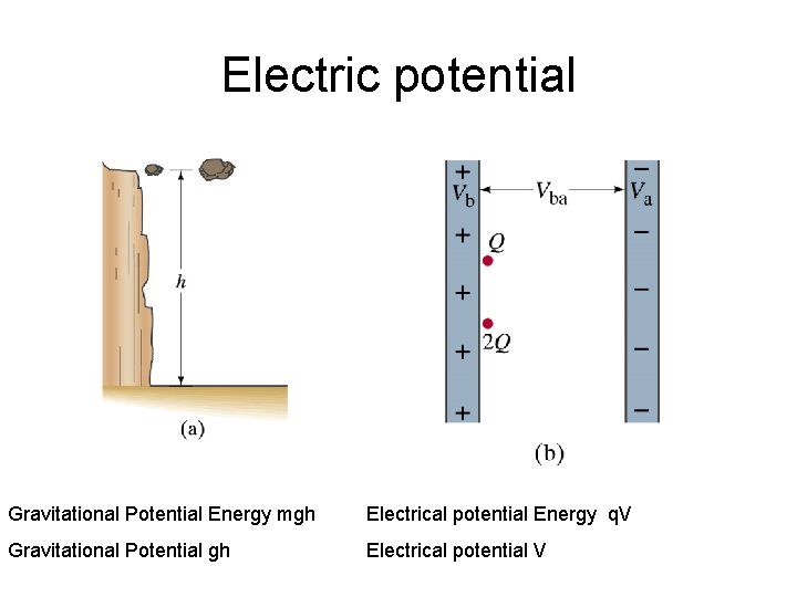 Electric potential Gravitational Potential Energy mgh Electrical potential Energy q. V Gravitational Potential gh