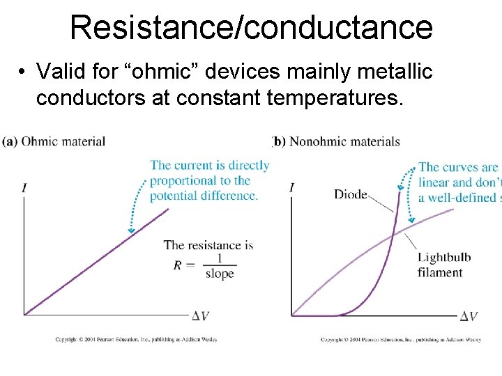 Resistance/conductance • Valid for “ohmic” devices mainly metallic conductors at constant temperatures. 