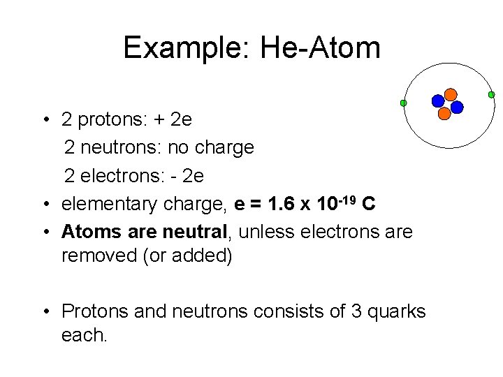 Example: He-Atom • 2 protons: + 2 e 2 neutrons: no charge 2 electrons: