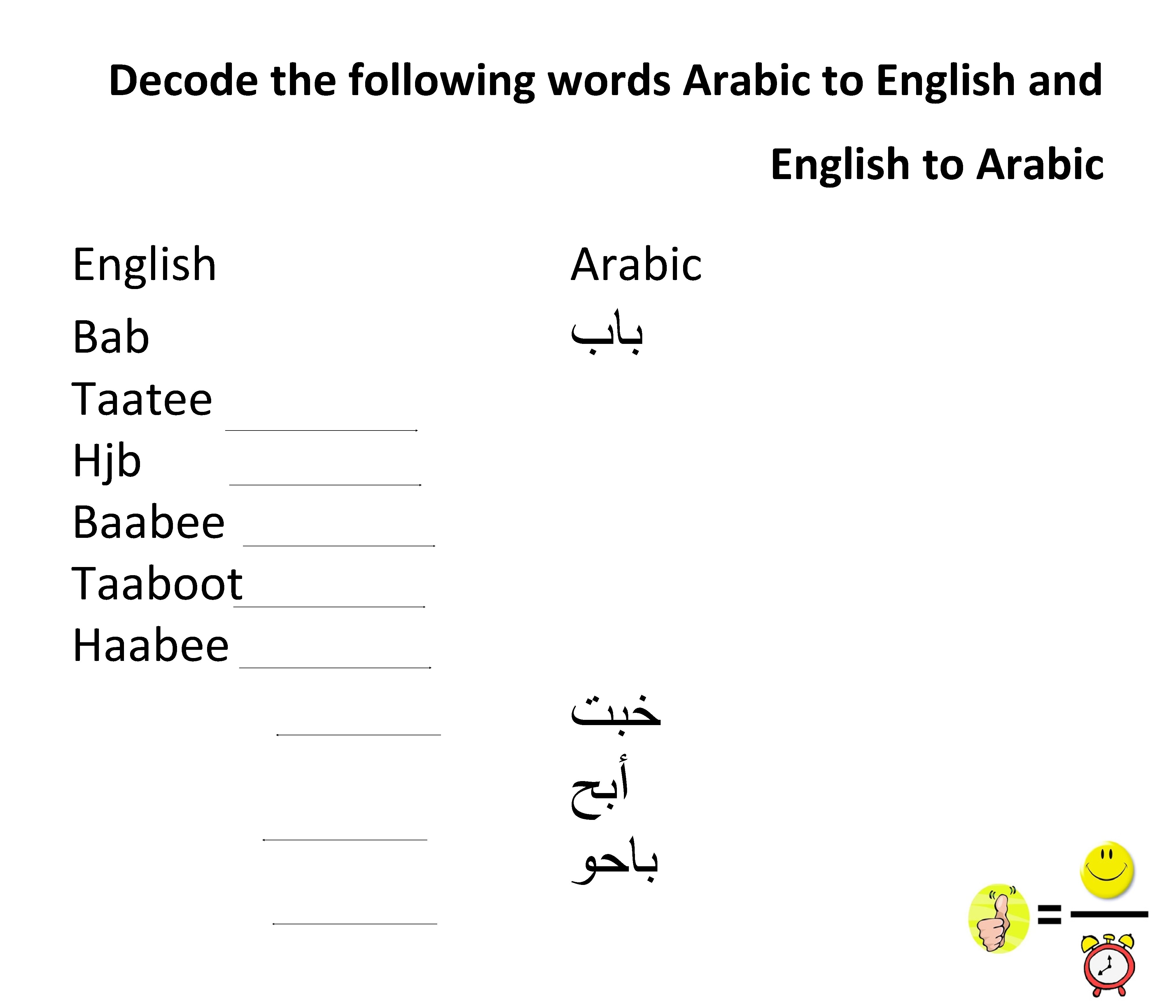 Decode the following words Arabic to English and English to Arabic English Bab Taatee