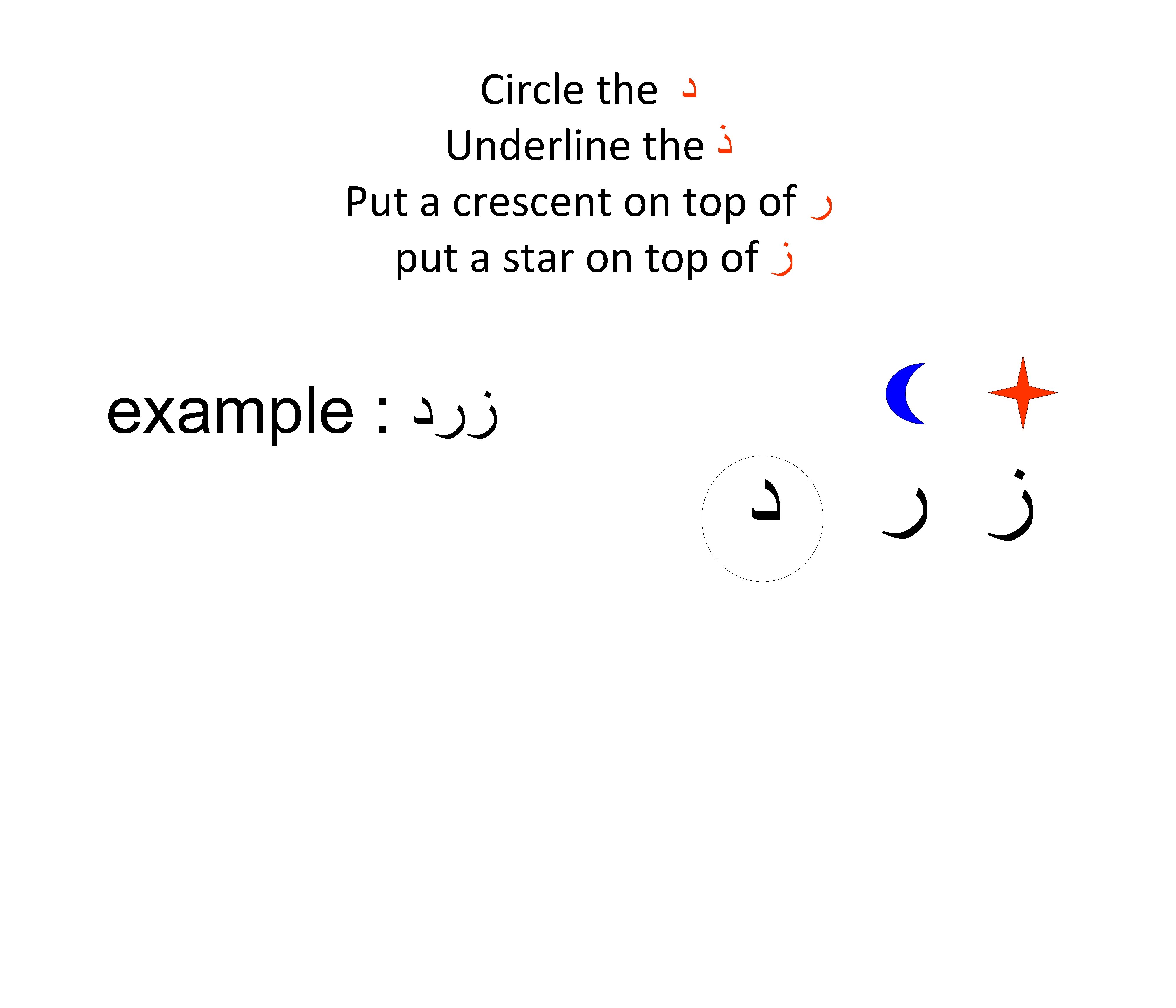 Circle the ﺩ Underline the ﺫ Put a crescent on top of ﺭ put