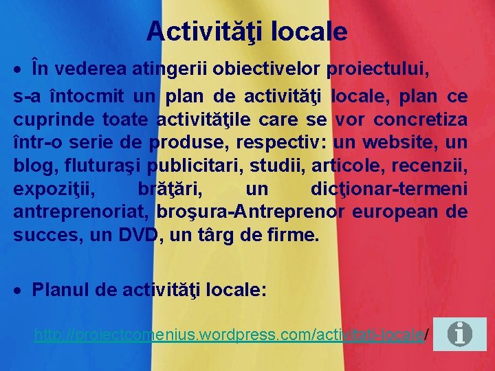 Activităţi locale În vederea atingerii obiectivelor proiectului, s-a întocmit un plan de activităţi locale,