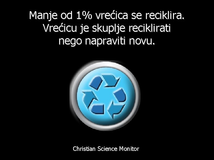 Manje od 1% vrećica se reciklira. Vrećicu je skuplje reciklirati nego napraviti novu. Christian