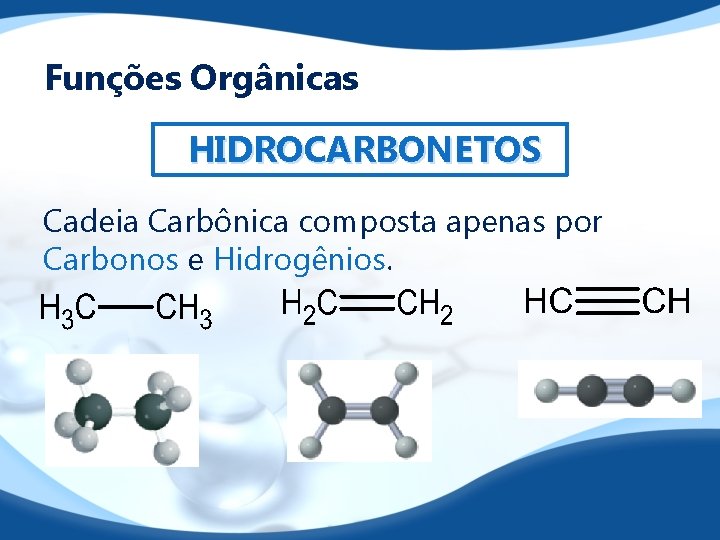 Funções Orgânicas HIDROCARBONETOS Cadeia Carbônica composta apenas por Carbonos e Hidrogênios. 