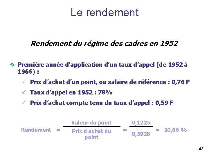 Le rendement Rendement du régime des cadres en 1952 v Première année d’application d’un