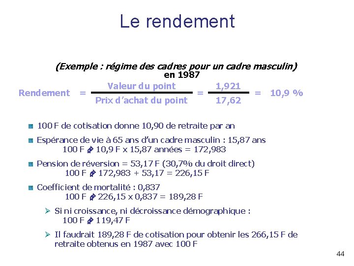 Le rendement (Exemple : régime des cadres pour un cadre masculin) Rendement = en